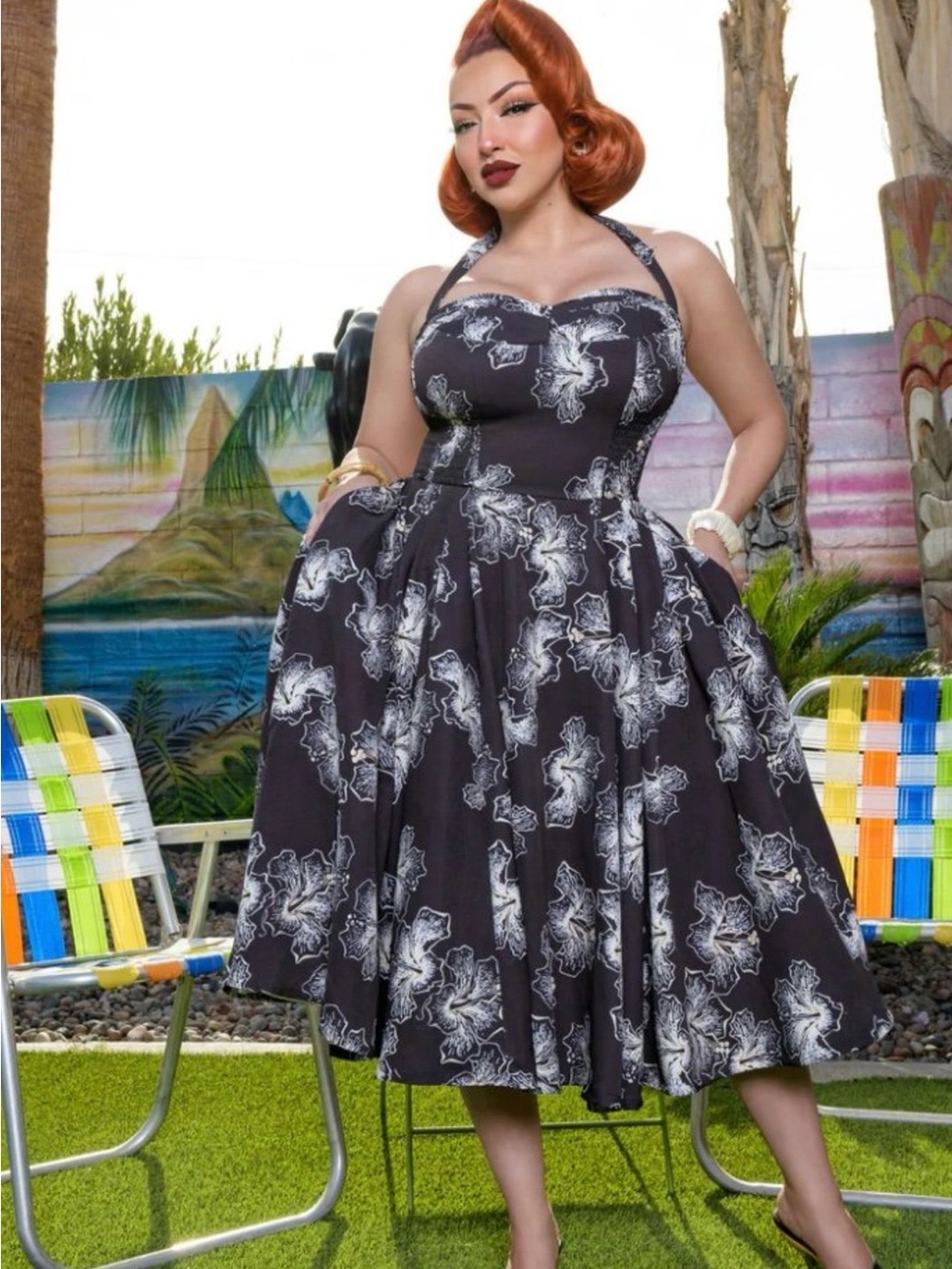 Women's Black Halter Fit-and-Flare Dress with White Floral Print